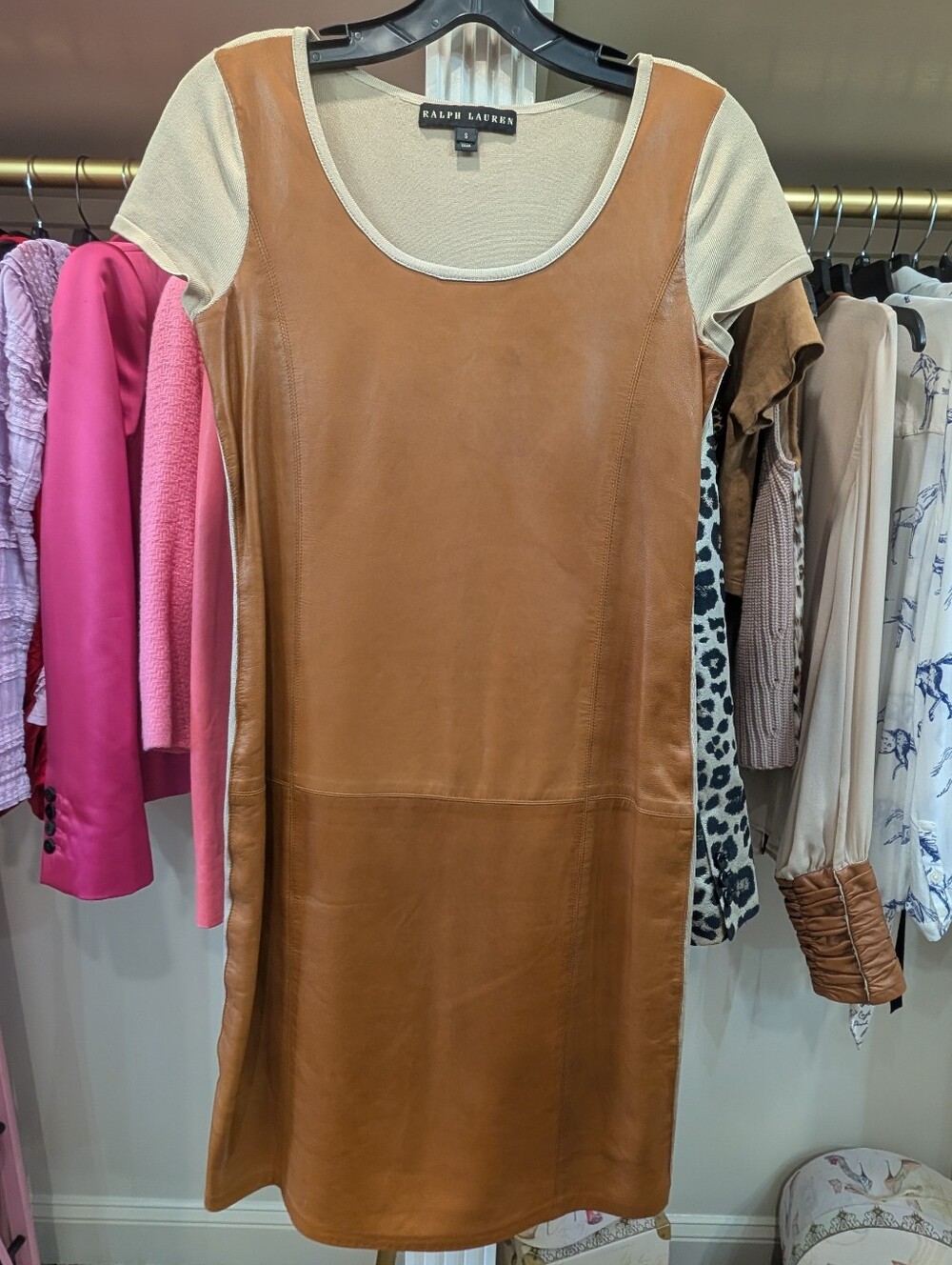 Ralph Lauren Black Label Collection Tan Leather Silk Knit Dress Small